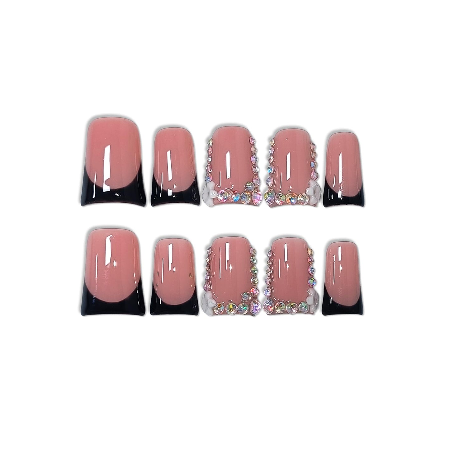 TENPAL Handmade Duck Nails Press On – Pink & Black French Tip Duckbill with Rhinestone Edge, 10pc Glue-On Nails Kit