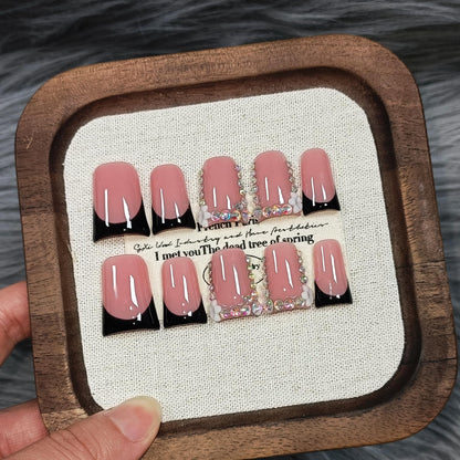 TENPAL Handmade Duck Nails Press On – Pink & Black French Tip Duckbill with Rhinestone Edge, 10pc Glue-On Nails Kit