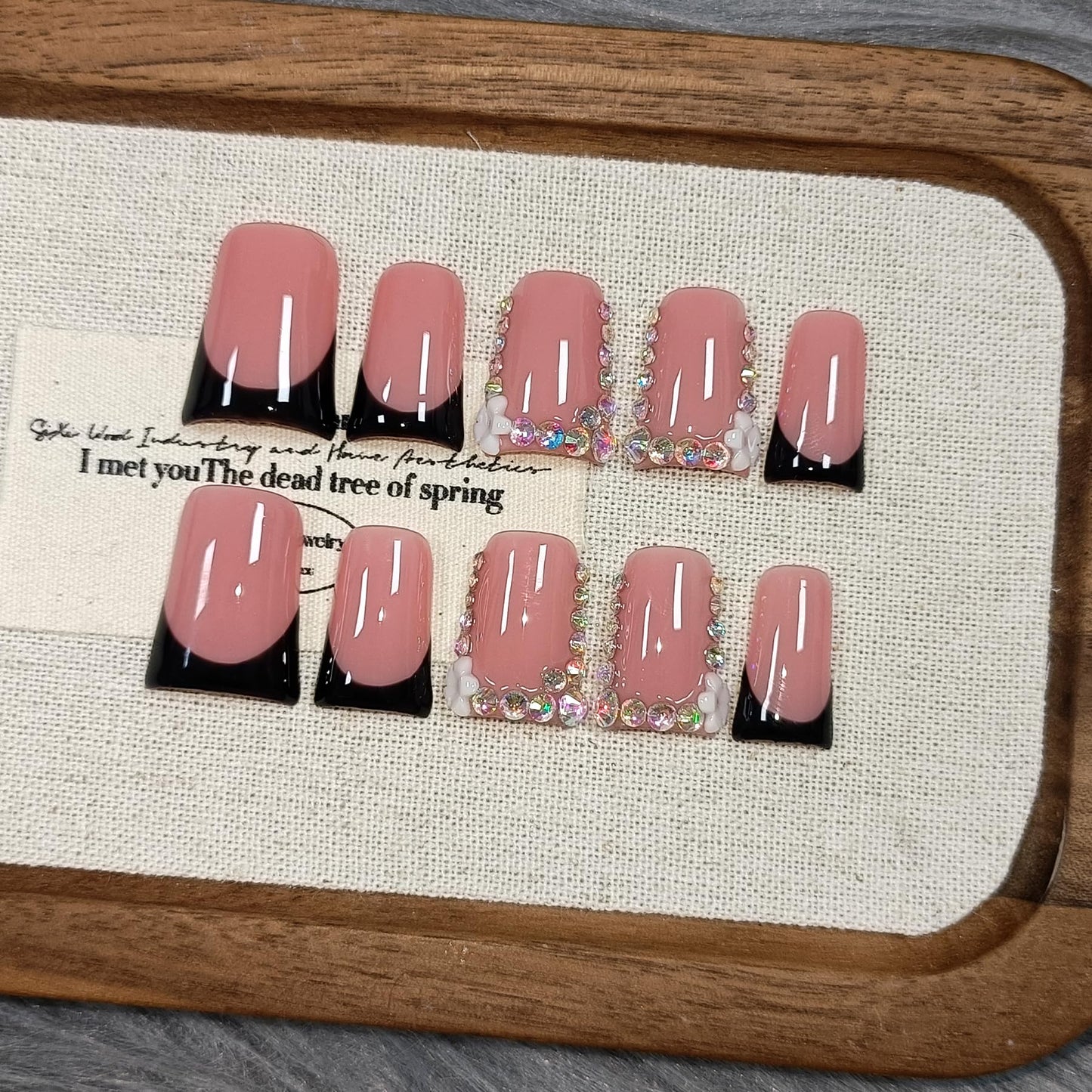 TENPAL Handmade Duck Nails Press On – Pink & Black French Tip Duckbill with Rhinestone Edge, 10pc Glue-On Nails Kit