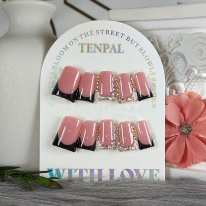 TENPAL Handmade Duck Nails Press On – Pink & Black French Tip Duckbill with Rhinestone Edge, 10pc Glue-On Nails Kit