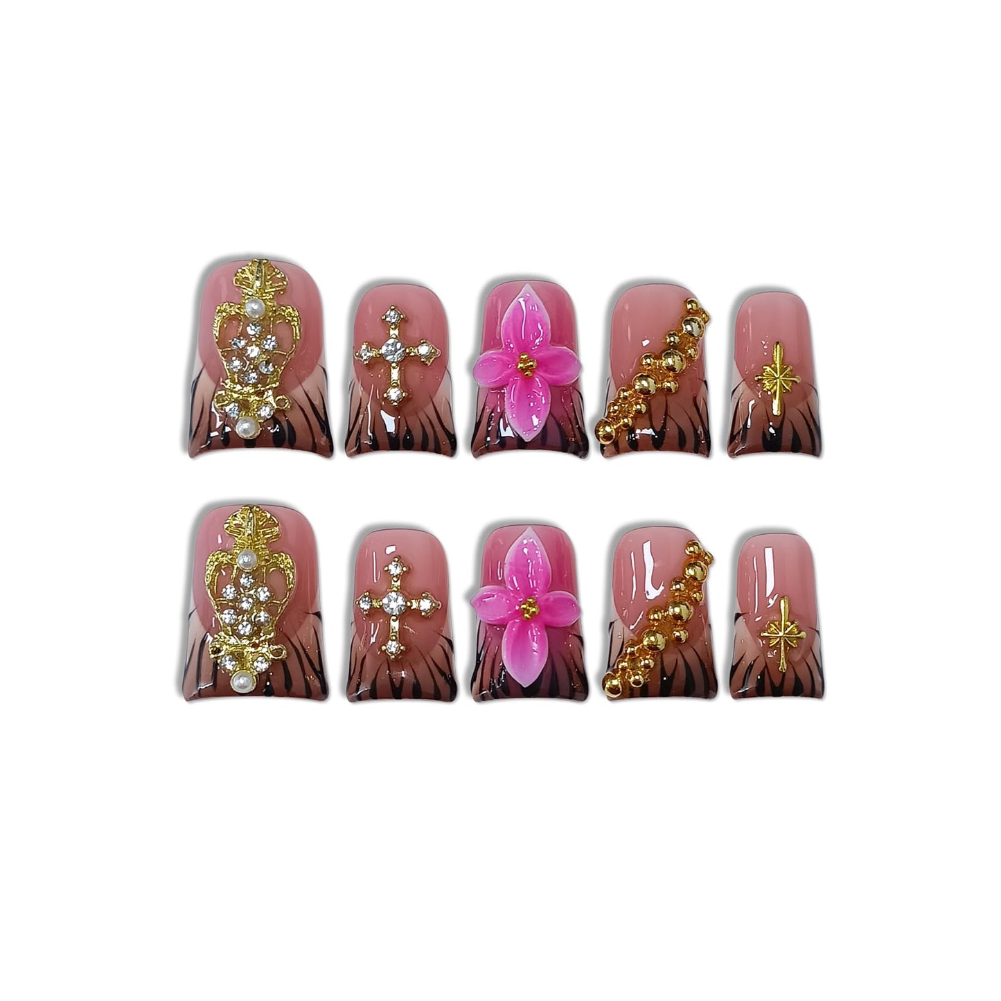TENPAL Handmade Duckbill Press-On Nails – Zebra Print & Pink Floral with 3D Cross Studs
