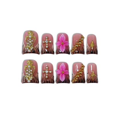 TENPAL Handmade Duckbill Press-On Nails – Zebra Print & Pink Floral with 3D Cross Studs