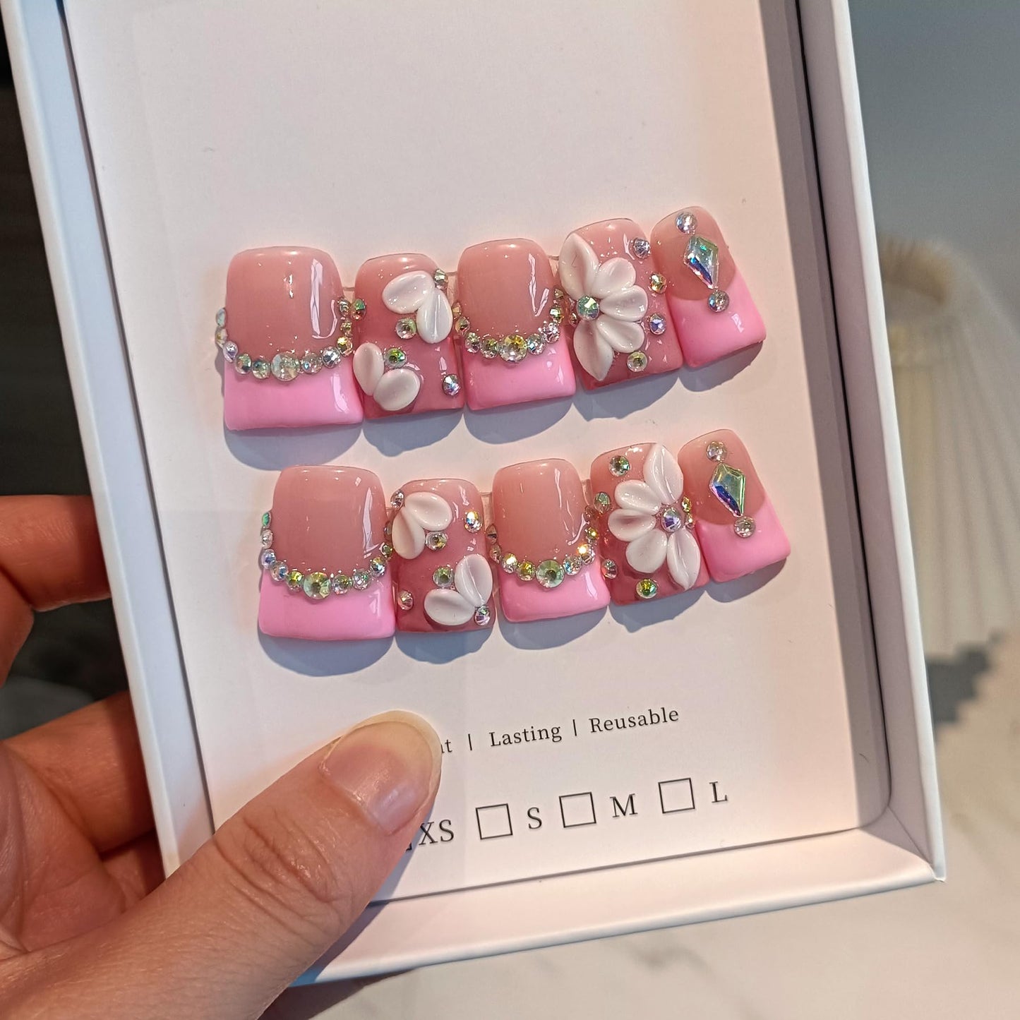 TENPAL Duckbill Shape Handmade Press On Nails Kit | Pink French Floral with 3D Flowers