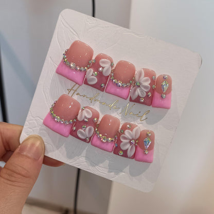 TENPAL Duckbill Shape Handmade Press On Nails Kit | Pink French Floral with 3D Flowers