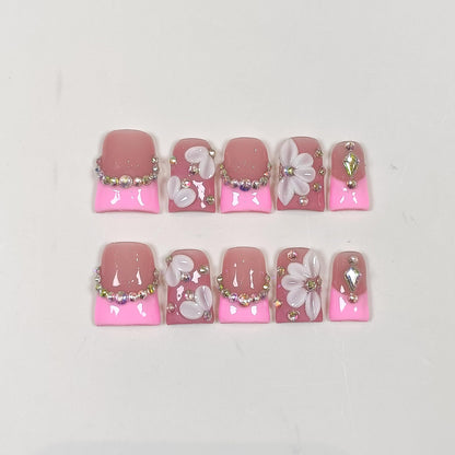 TENPAL Duckbill Shape Handmade Press On Nails Kit | Pink French Floral with 3D Flowers