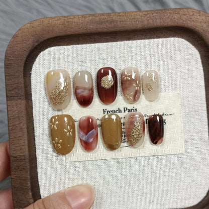 TENPAL Handmade Soft Gel Press On Nails with Tools – Amber Cat Eye Short Oval, Glossy Glitter Embossed Floral, Autumn Ombre Leaves, 10pcs
