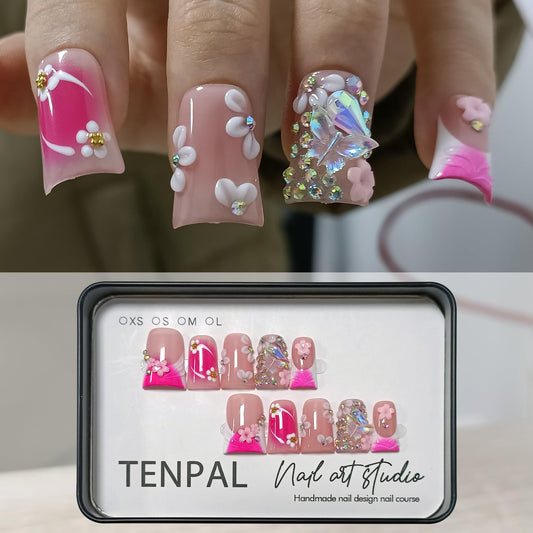 TENPAL 10Pcs Handmade Press-On Duck Nails with Charms – Glossy Pink French Tips