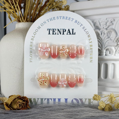 TENPAL Handmade Press On Nails Short Oval (10Pcs) – Coral Blush Gradient with Flower Details + Tools Kit