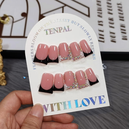 TENPAL Handmade Duck Nails Press On – Pink & Black French Tip with Rhinestone Edge (10PCS)