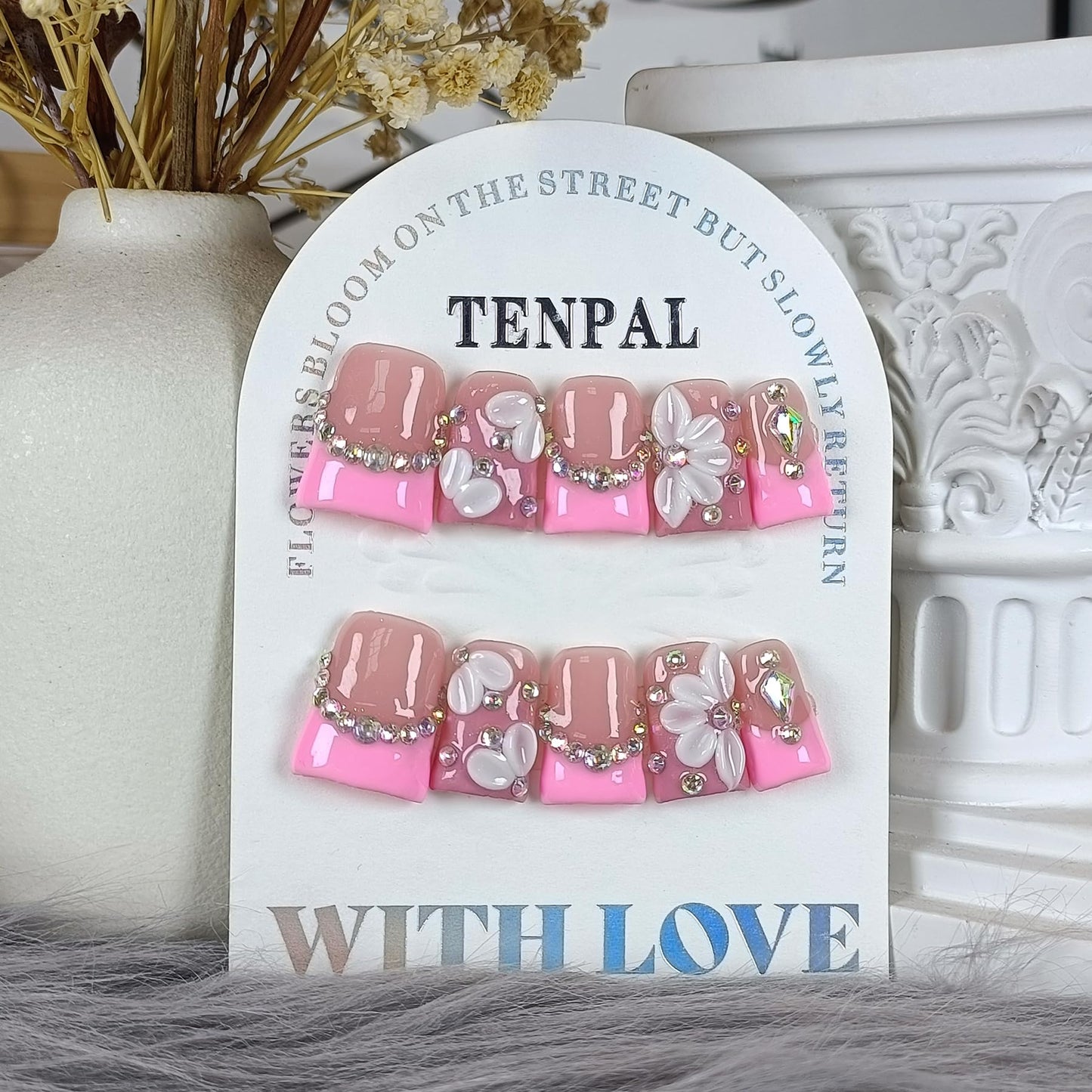 TENPAL Duckbill Shape Handmade Press On Nails Kit | Pink French Floral with 3D Flowers