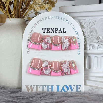 TENPAL Duckbill Shape Handmade Press On Nails Kit | Pink French Floral with 3D Flowers
