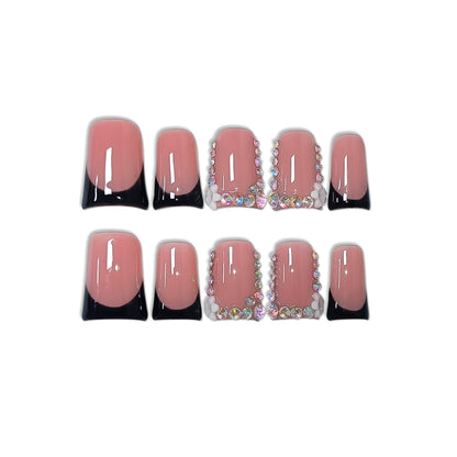 TENPAL Handmade Duck Nails Press On – Pink & Black French Tip with Rhinestone Edge (10PCS)