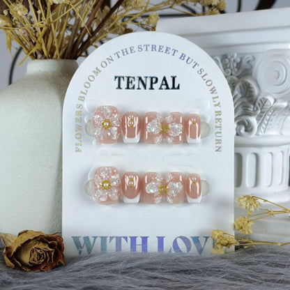 TENPAL Press On Nails Kit with Tools – Nude French 3D Floral Embossed Nails (White French) 10Pcs (M)