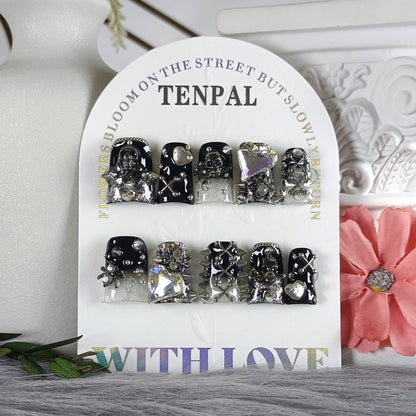 TENPAL Gothic Duck Nails – 10Pcs Clip-On Press-On with Punk Studs & Crystal Skull (Glossy Black Duckbill)