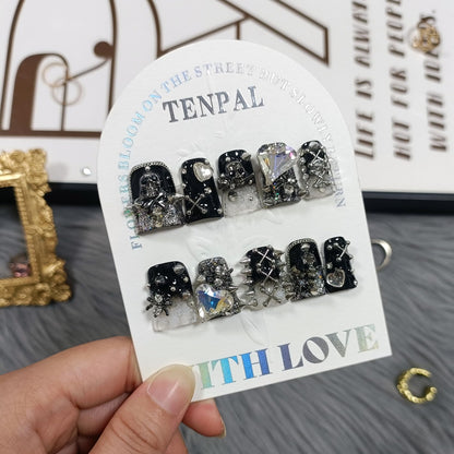 TENPAL Gothic Duck Nails – 10Pcs Clip-On Press-On with Punk Studs & Crystal Skull (Glossy Black Duckbill)