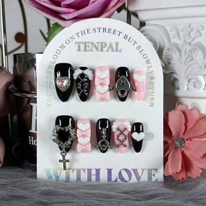 TENPAL 10Pcs Y2K Press On Nails with Tools – Ebony & Pink Almond, 3D Heart Bow & Cross Charms