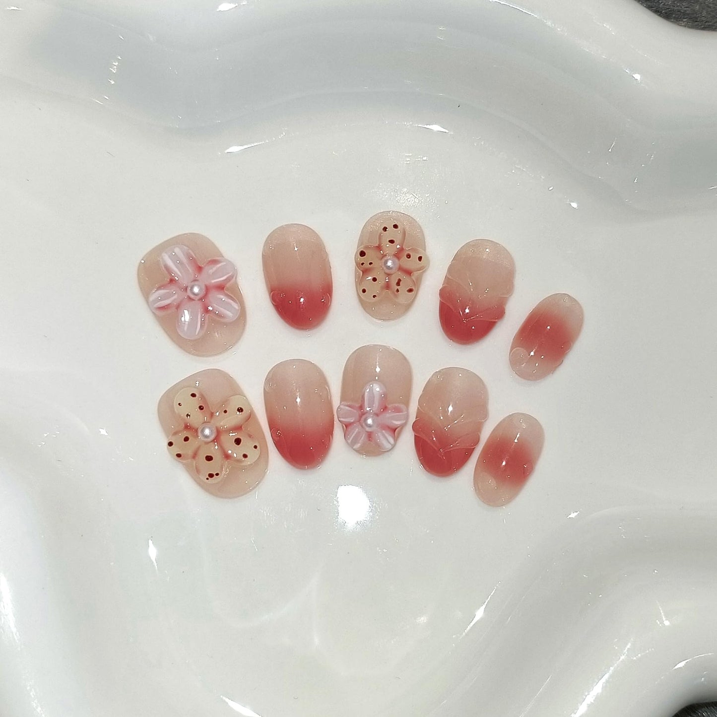 TENPAL Handmade Press On Nails Short Oval (10Pcs) – Coral Blush Gradient with Flower Details + Tools Kit