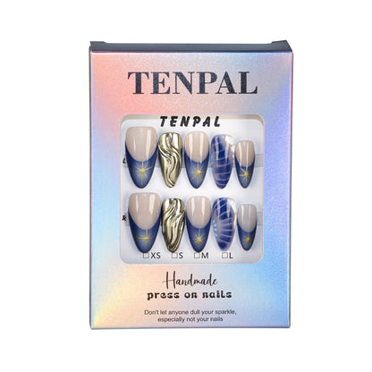 TENPAL Blue French Tip Press-On Nails – Almond (Medium), Size L, Metallic Star 3D Waves & Crocodile Pattern (10pcs)