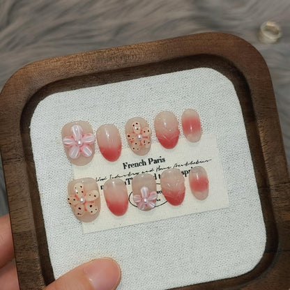 TENPAL Handmade Press On Nails Short Oval (10Pcs) – Coral Blush Gradient with Flower Details + Tools Kit