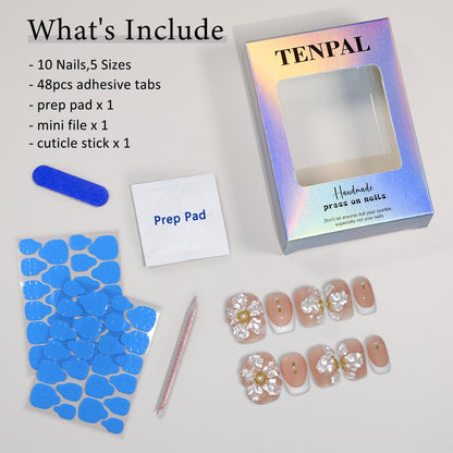TENPAL Press On Nails Kit with Tools – Nude French 3D Floral Embossed Nails (White French) 10Pcs (M)