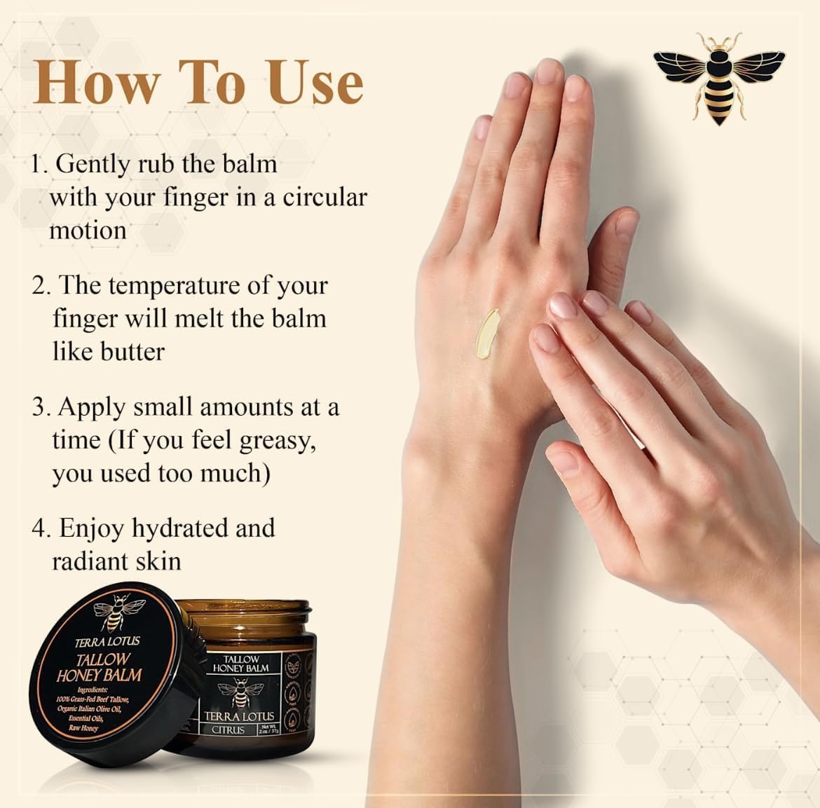 Terra Lotus Honey Tallow Balm — Organic Grass-Fed Beef Tallow & Raw Honey (Unscented, 2 oz)
