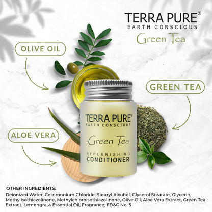 Terra Pure Travel Size Hotel Conditioner – 20 x 1 oz Bottles, Green Tea Scent, Aloe & Olive Oil