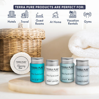 Terra Pure White Tea & Coconut Hotel Toiletries Set – 300-Piece Travel Amenities Kit