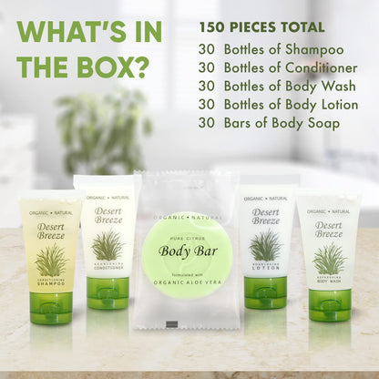 Terra Pure Desert Breeze Travel Size Hotel Toiletry Set – 150 Count, 1 oz Bottles, Aloe & Olive Oil, Paraben Free
