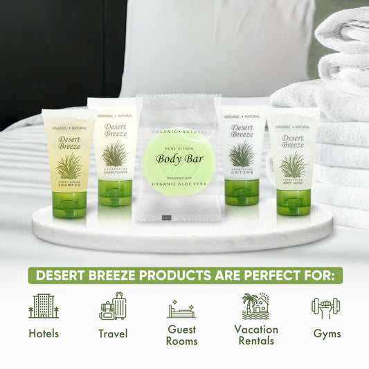 Terra Pure Desert Breeze Travel Size Hotel Toiletry Set – 150 Count, 1 oz Bottles, Aloe & Olive Oil, Paraben Free