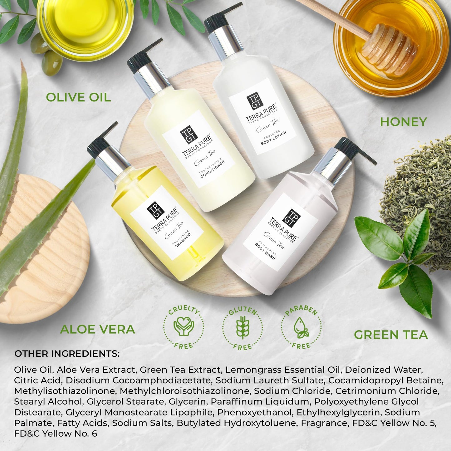 Terra Pure Ecobox Amenities Kit – Green Tea Soap, Shampoo, Conditioner, Body Lotion & Body Wash (10.14 oz) | Hotel Bulk