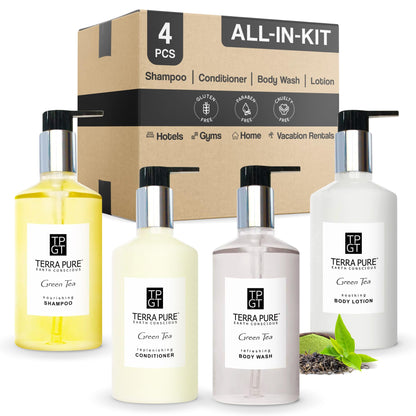 Terra Pure Ecobox Amenities Kit – Green Tea Soap, Shampoo, Conditioner, Body Lotion & Body Wash (10.14 oz) | Hotel Bulk