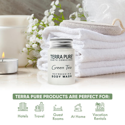 Terra Pure Travel Size Hotel Body Wash – 20 x 1oz Bottles, Green Tea, Aloe & Olive Oil