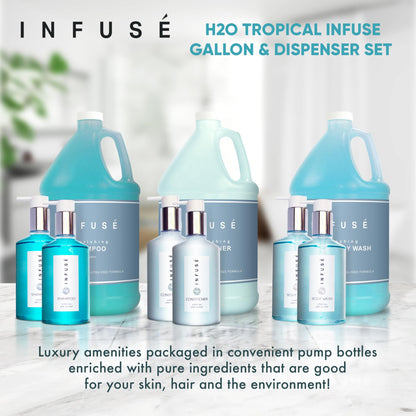 Terra Pure H2O Tropical Infuse Gallon Set & Dispenser — Hotel-Grade Shampoo, Conditioner & Body Wash