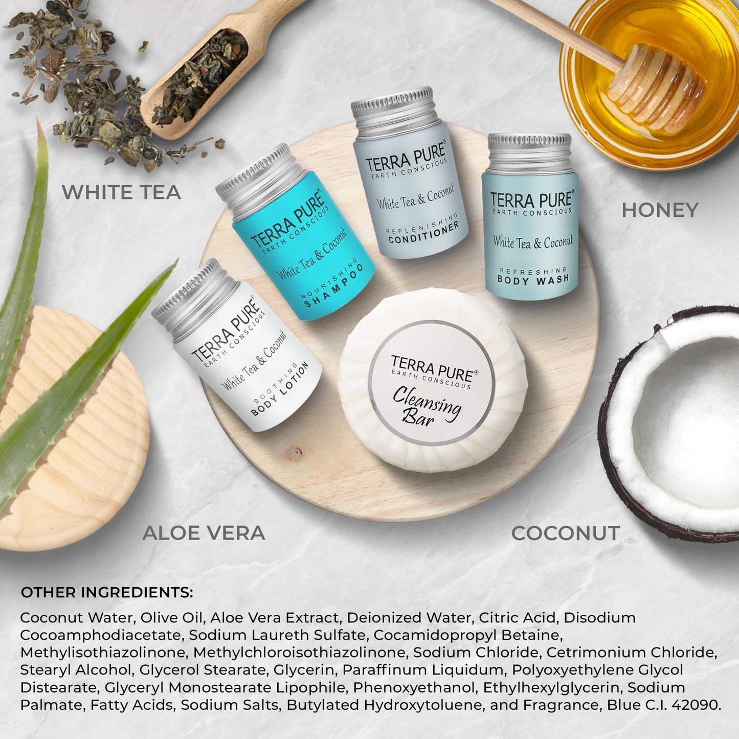 Terra Pure White Tea & Coconut Hotel Toiletries Set – 300-Piece Travel Amenities Kit