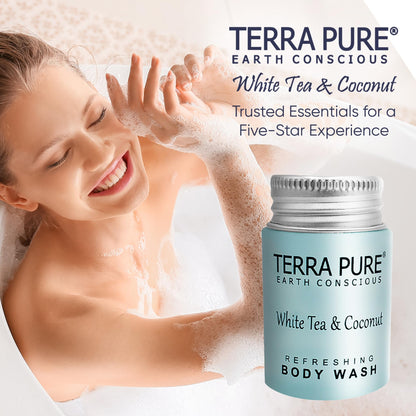 Terra Pure Travel Size Hotel Body Wash – 100 Count 1 oz Bottles | Paraben Free, White Tea & Coconut, Aloe & Olive Oil