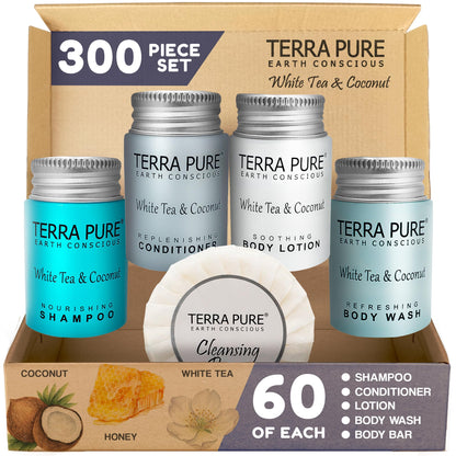 Terra Pure White Tea & Coconut Hotel Toiletries Set – 300-Piece Travel Amenities Kit