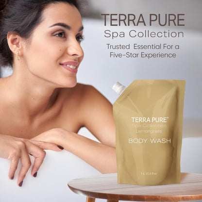 Terra Pure Spa Collection 1 Liter Body Wash Refill Bag — Luxury Hotel-Quality Amenities for Vacation Rentals & Home Bathrooms | Green Tea Lemongrass