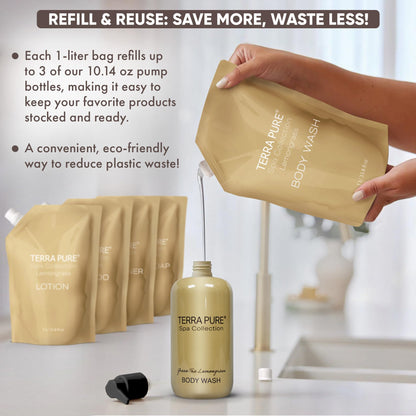 Terra Pure Spa Collection 1 Liter Body Wash Refill Bag — Luxury Hotel-Quality Amenities for Vacation Rentals & Home Bathrooms | Green Tea Lemongrass