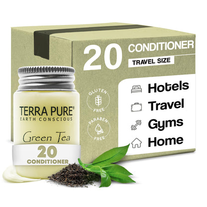 Terra Pure Travel Size Hotel Conditioner – 20 x 1 oz Bottles, Green Tea Scent, Aloe & Olive Oil