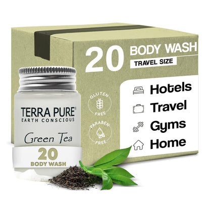 Terra Pure Travel Size Hotel Body Wash – 20 x 1oz Bottles, Green Tea, Aloe & Olive Oil