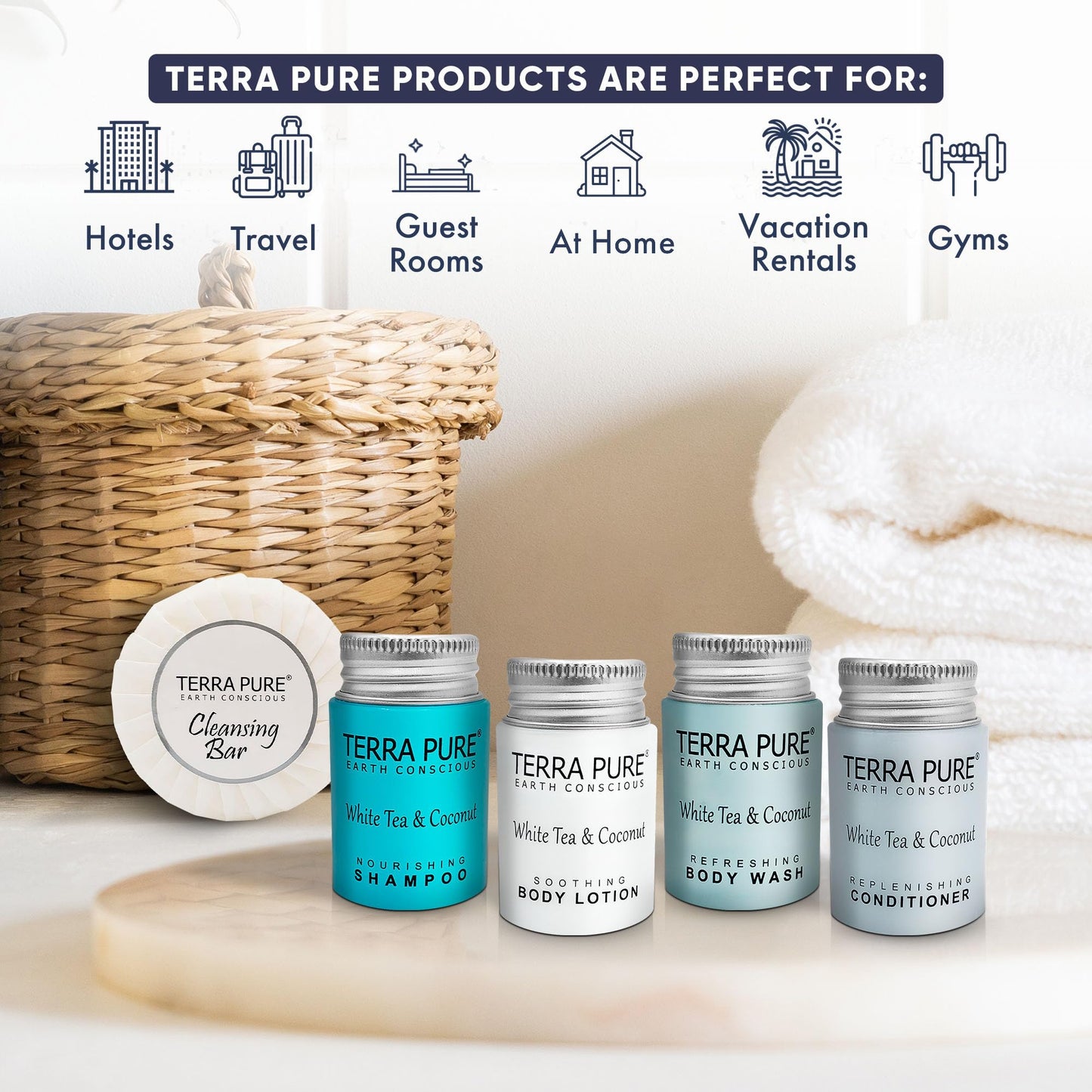 Terra Pure White Tea & Coconut Toiletries Set – 75-Piece Hotel Amenities Kit (1oz liquids, 1.25oz bar) | Hotels & Rentals
