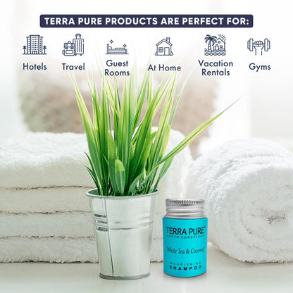Terra Pure Travel Size Shampoo 300 x 1oz – White Tea & Coconut, Aloe Vera & Olive Oil