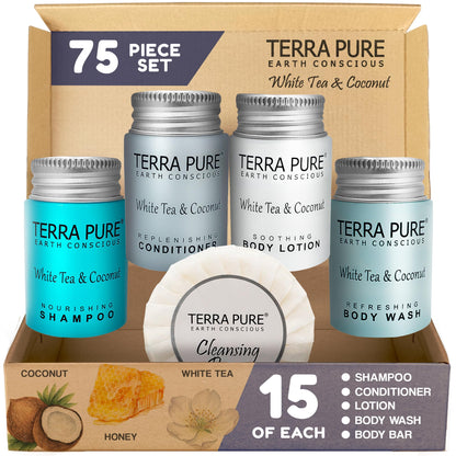 Terra Pure White Tea & Coconut Toiletries Set – 75-Piece Hotel Amenities Kit (1oz liquids, 1.25oz bar) | Hotels & Rentals