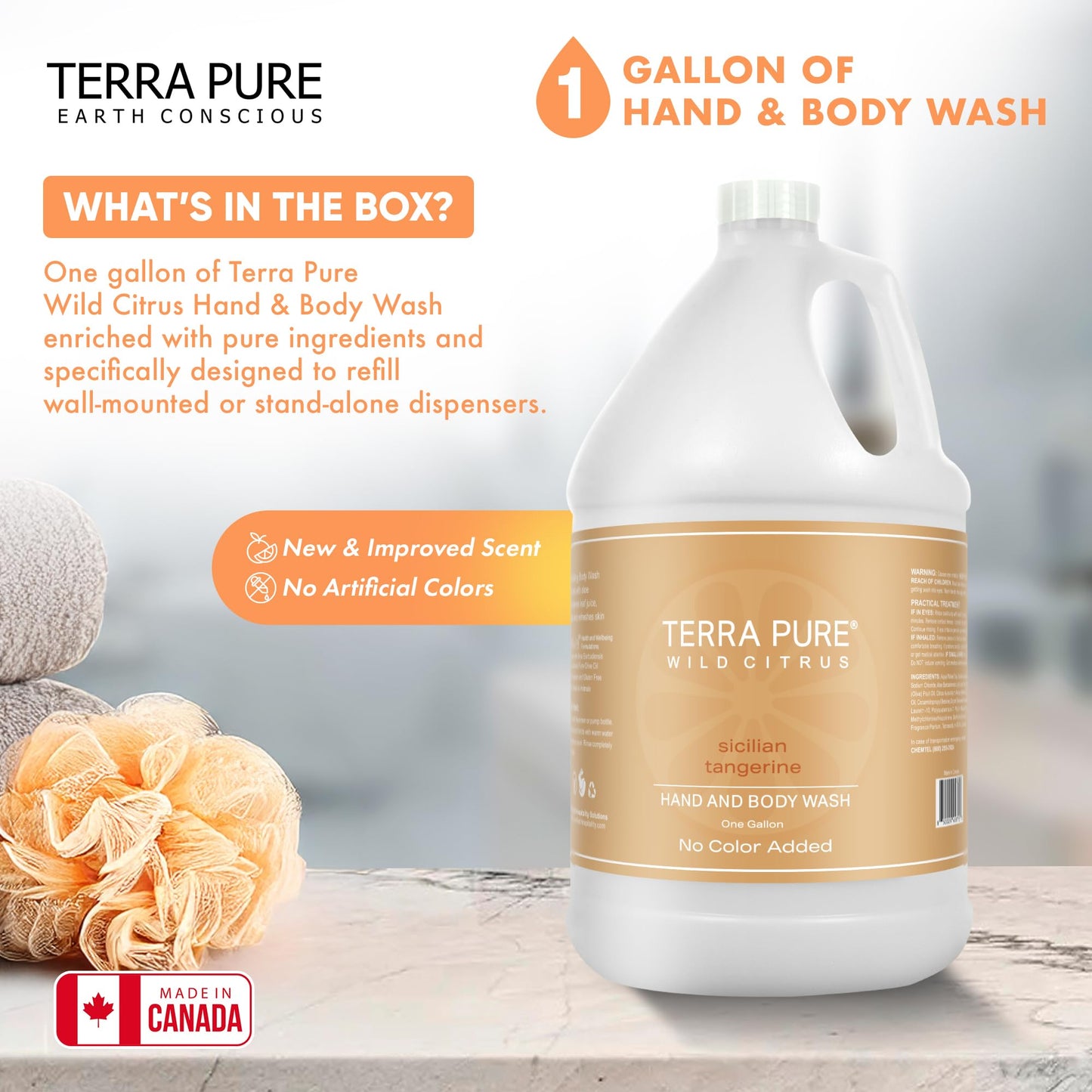 Terra Pure Wild Citrus Gallon Hand & Body Wash – Refill Jug for Hotels, Spas, Gyms | No Color Added