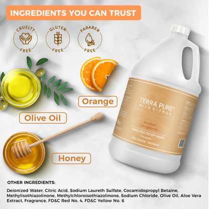Terra Pure Wild Citrus Gallon Hand & Body Wash – Refill Jug for Hotels, Spas, Gyms | No Color Added