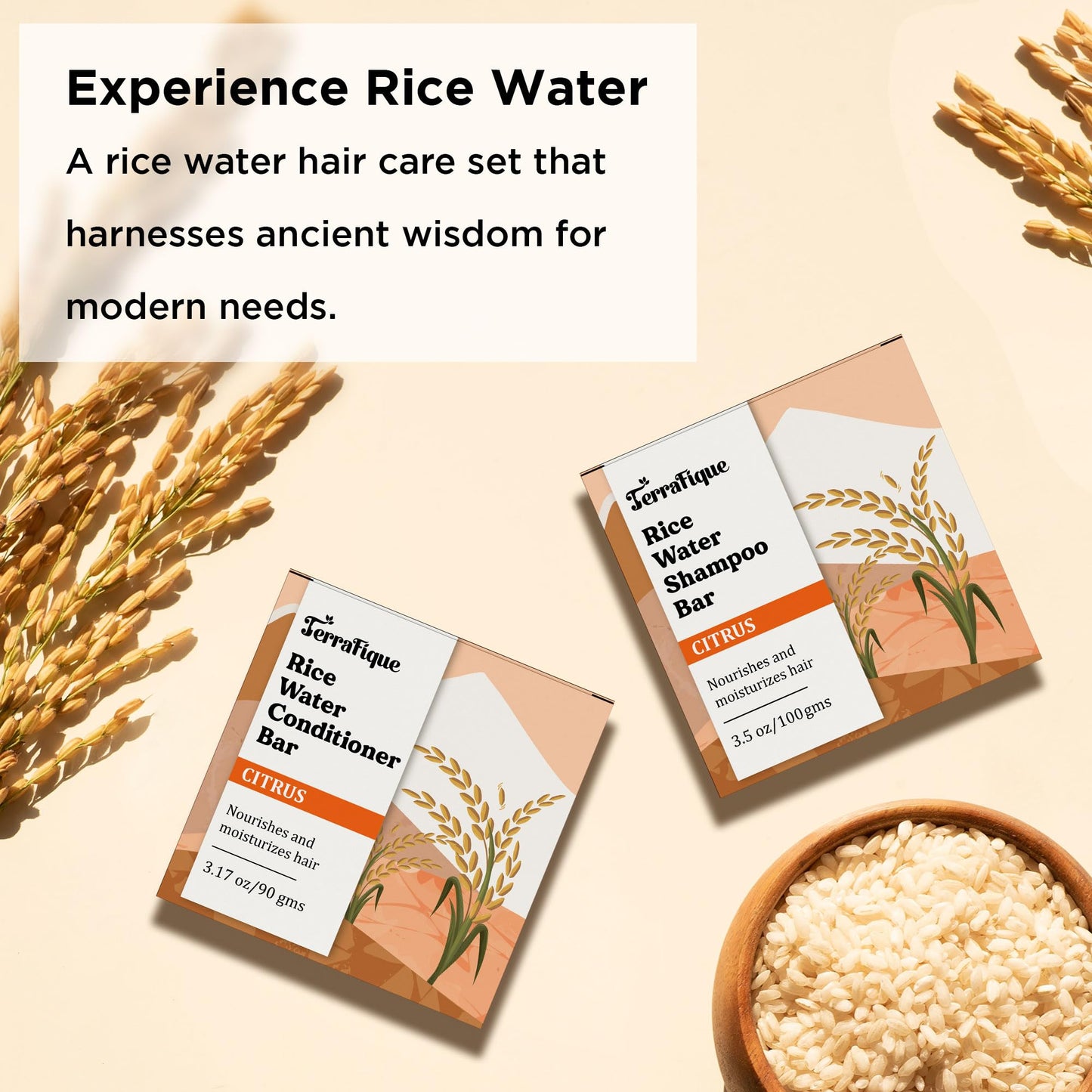Terrafique Rice Water Shampoo & Conditioner Bar Set – Citrus, Travel-Friendly