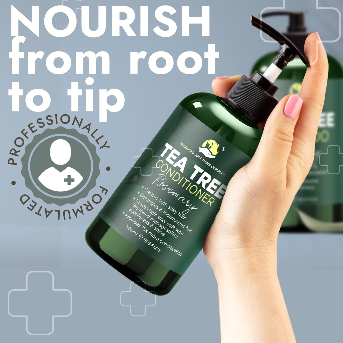 Terramed Just Think Comfort Rosemary Shampoo & Conditioner Set – Tea Tree & Rosemary Oils, Sulfate Free + Free Scalp Brush | 16.9 fl oz