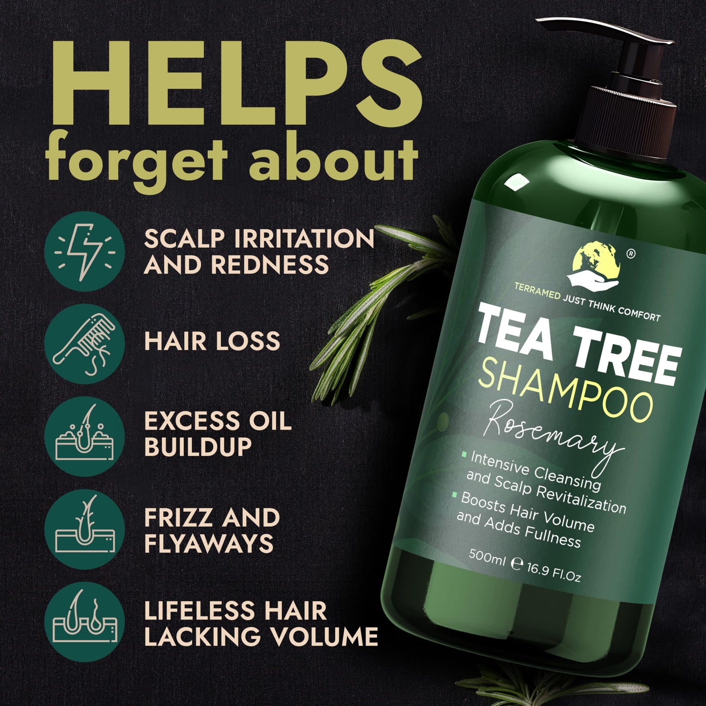 Terramed Just Think Comfort Rosemary Shampoo & Conditioner Set – Tea Tree & Rosemary Oils, Sulfate Free + Free Scalp Brush | 16.9 fl oz