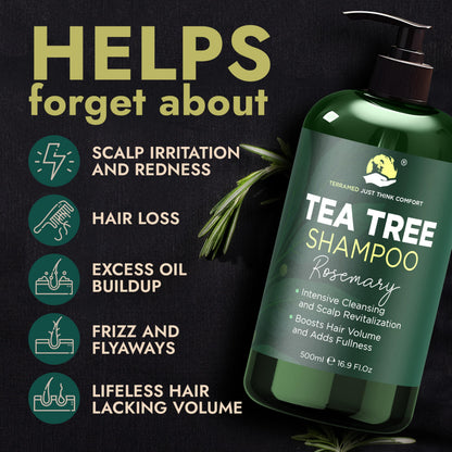 Terramed Just Think Comfort Rosemary Shampoo & Conditioner Set – Tea Tree & Rosemary Oils, Sulfate Free + Free Scalp Brush | 16.9 fl oz