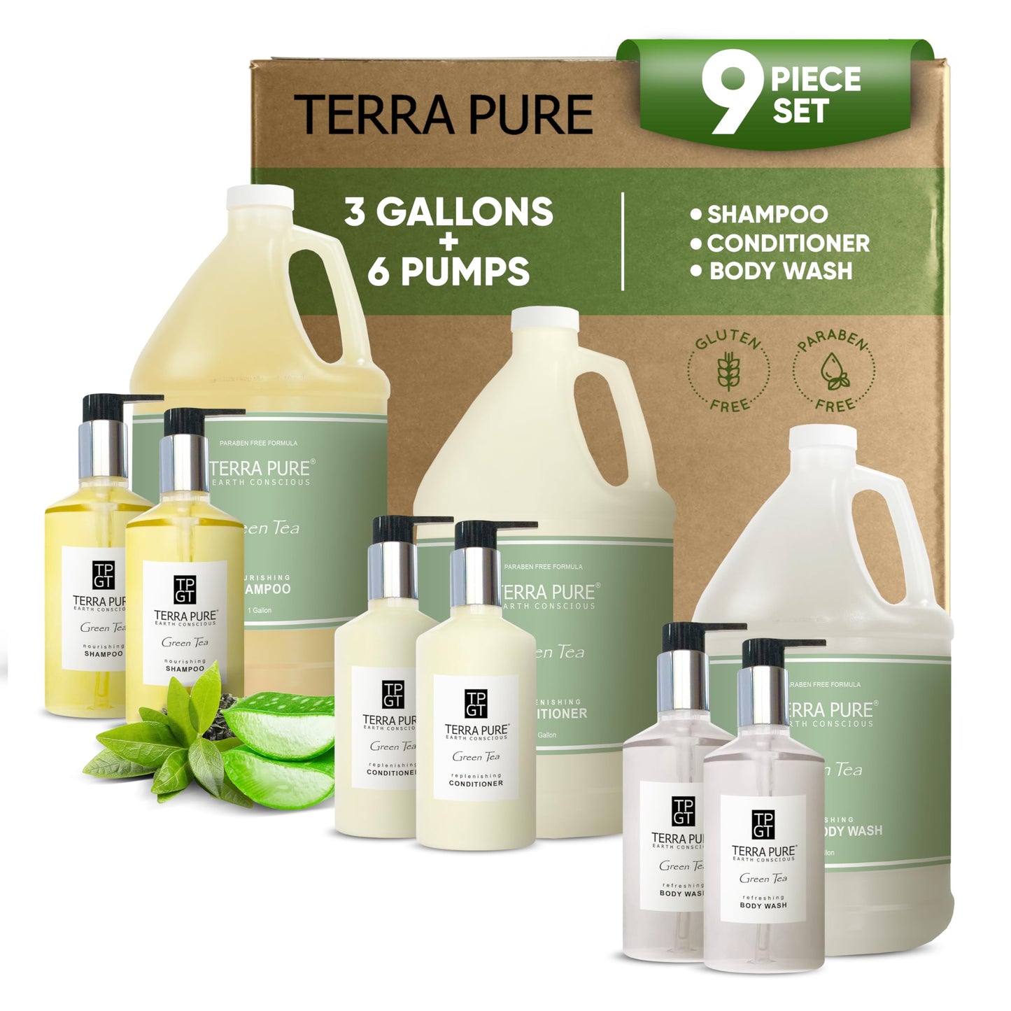 Terra Pure Gallon & Dispenser Set | All-In-Kit for Hotels – Shampoo, Conditioner & Body Wash